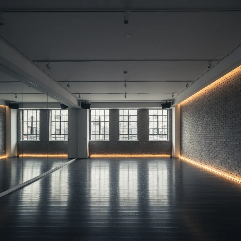 STUDIO KAZE 内観 — 磨かれた木床とミラーウォール