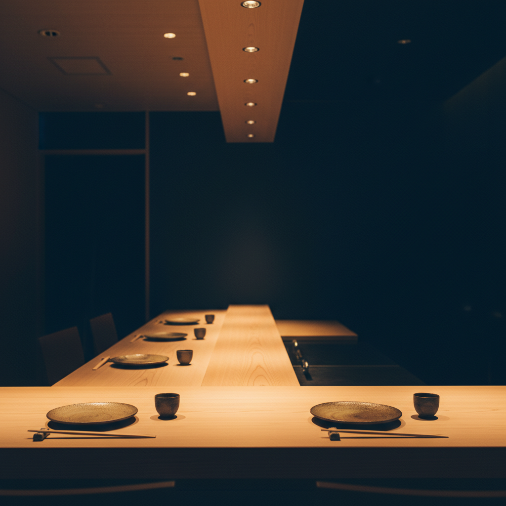 白木のカウンター席 — 大将の手元が見える