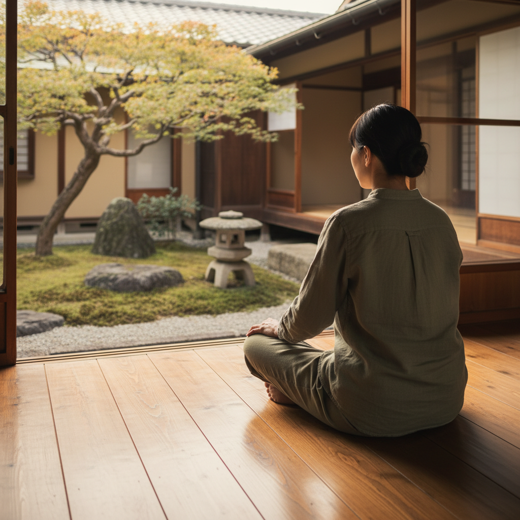 縁側で後ろ姿のスタッフ