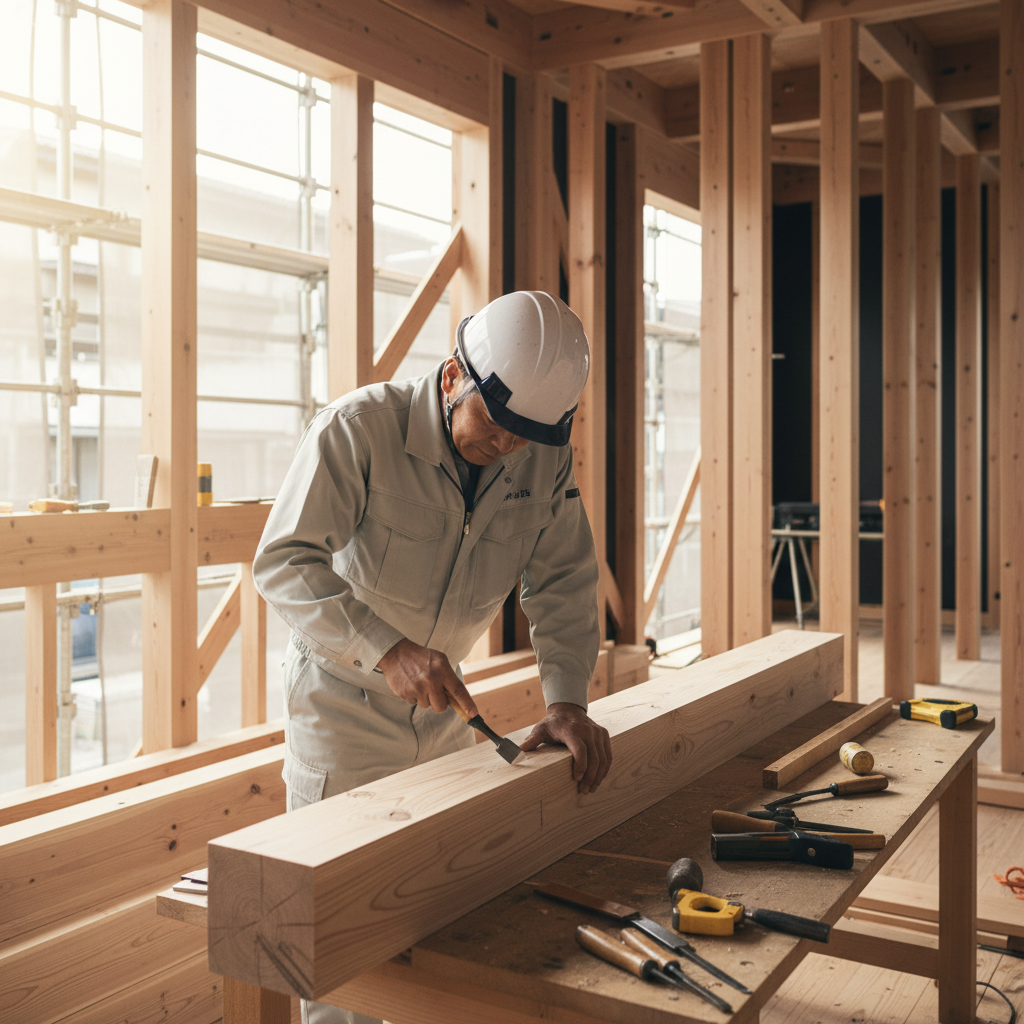 自社職人が施工現場で木材を加工している様子