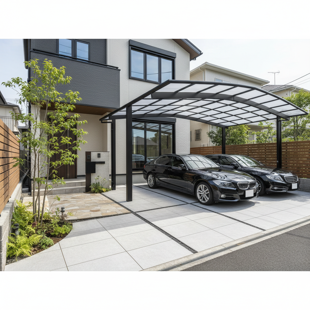 カーポート・植栽・タイル張りの外構施工例