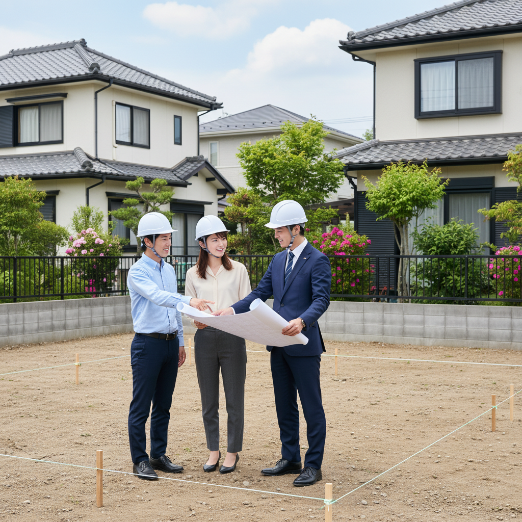 土地の現場で打合せをするスタッフとお客様の様子