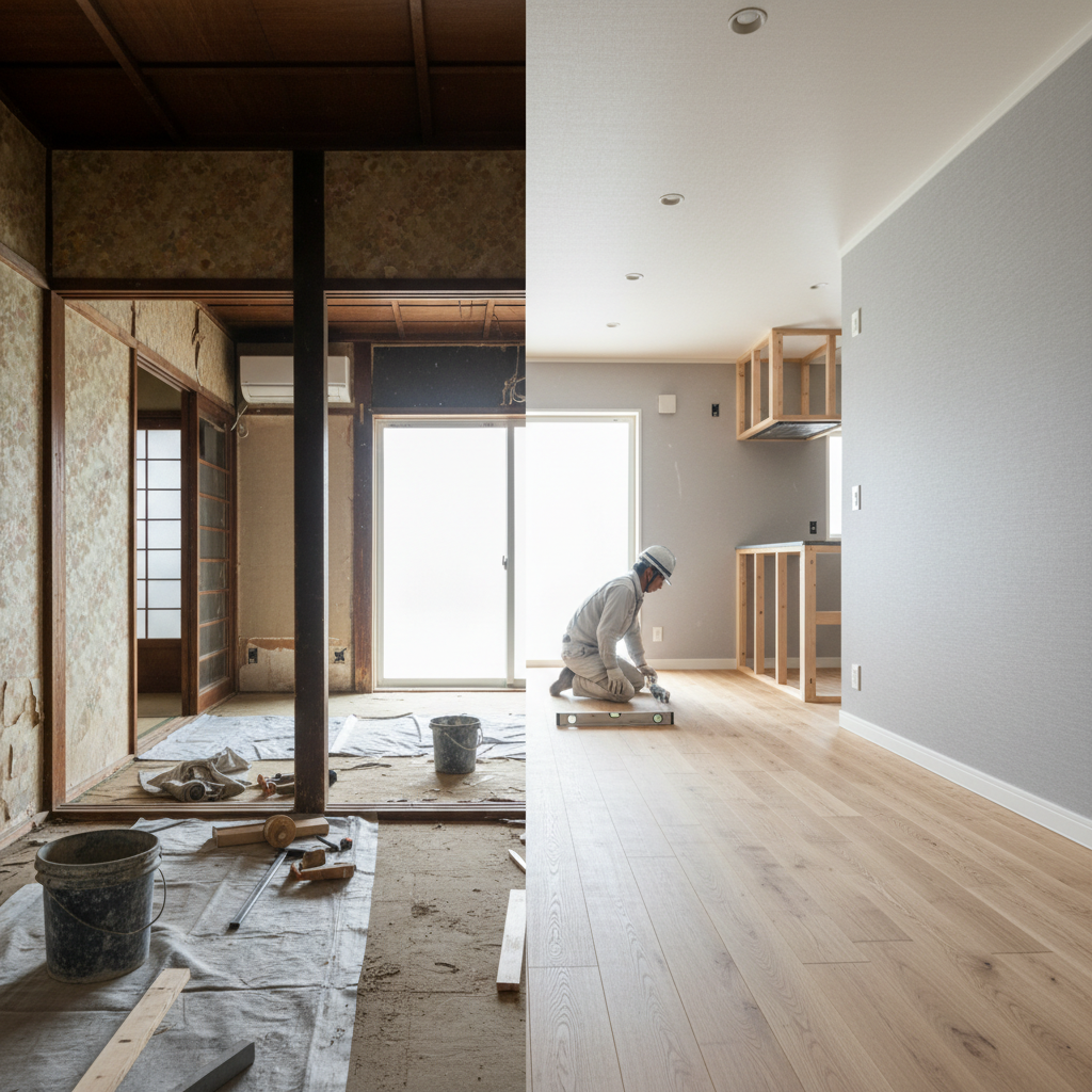 和室からモダンLDKへのリノベーション施工中の様子