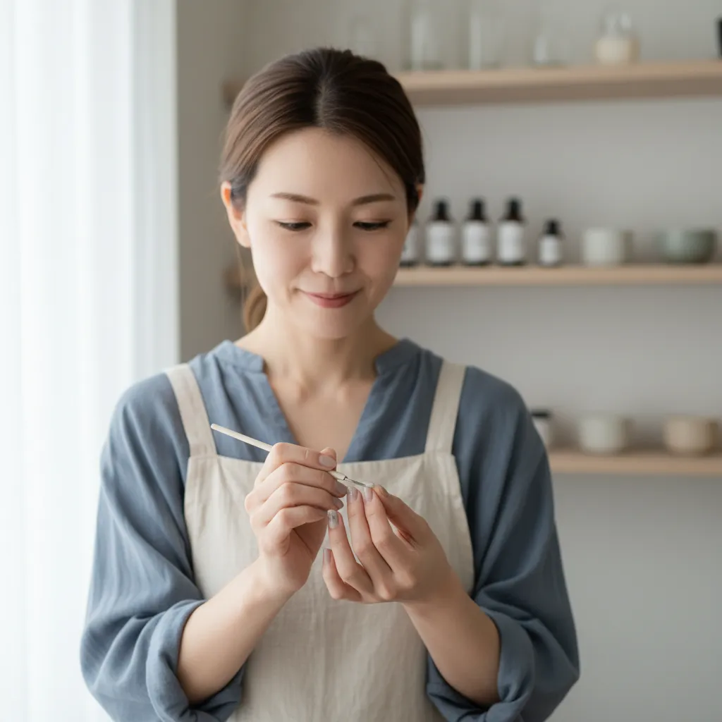 大分ネイル工房 ao 店主 — 手元アップと半身ポートレート