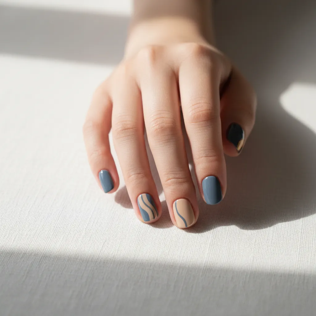 大分ネイル工房 ao — 指先クローズアップ写真。くすみブルーグレーポリッシュが10本揃った指先